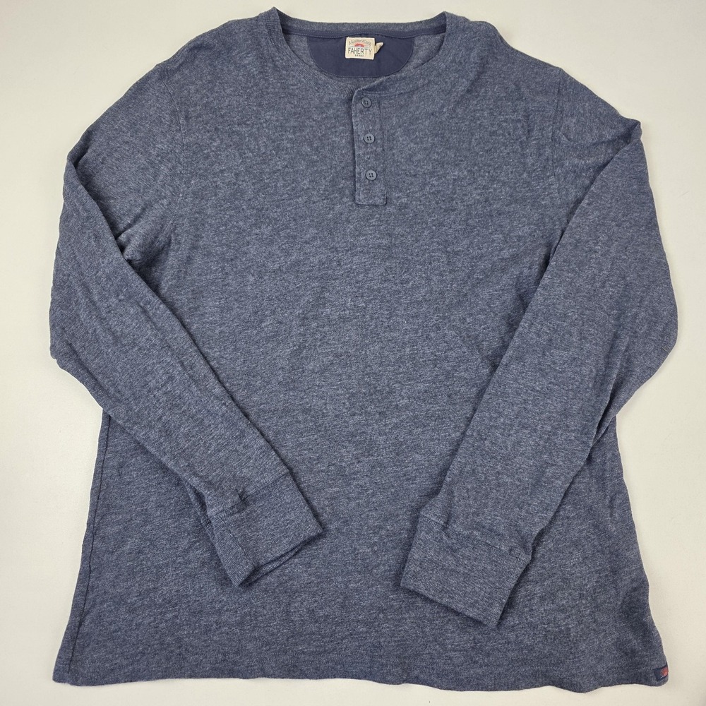Faherty Brand Shirt Mens XL Blue Long Sleeve Henley Tee Cotton Heathered Peru